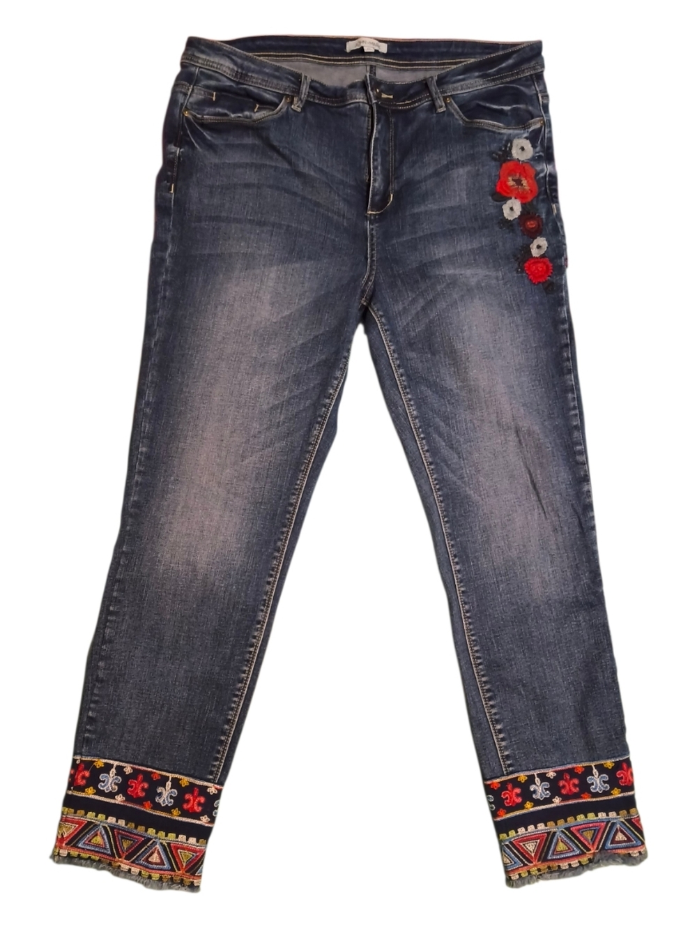 John Mark Floral Embroidered Fringe Hem Denim Jeans